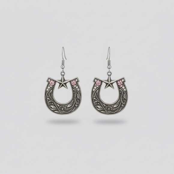 Hand Crafted Jewelry - Silver Antique Brushed Metal Horseshoe Sparkling Iridescent Rhinestone Earrings